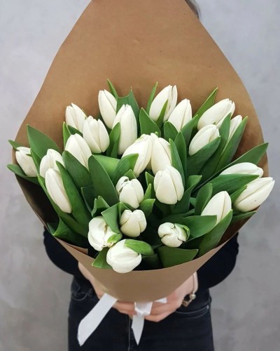 Букет 25 белых тюльпанов купить с доставкой в Санкт-Петербурге