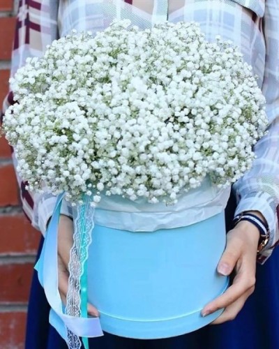 Букет цветов из 15 белых гипсофил в шляпной коробке купить с доставкой в Санкт-Петербурге